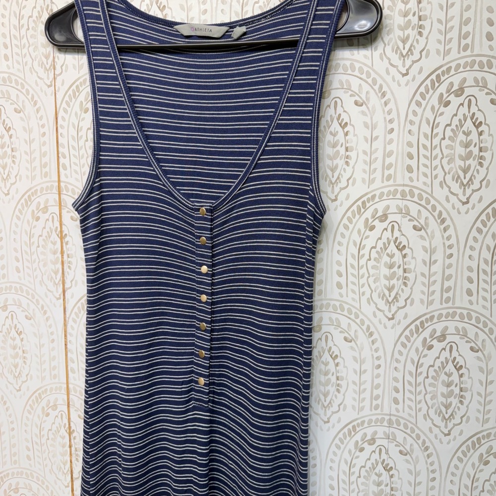 Athleta Maxi Dress Womens Medium Blue Striped Henley Button Sleeveless Rib Knit - Picture 3 of 7